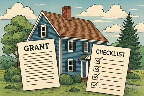 Illustration of a Maine home with a grant document and checklist